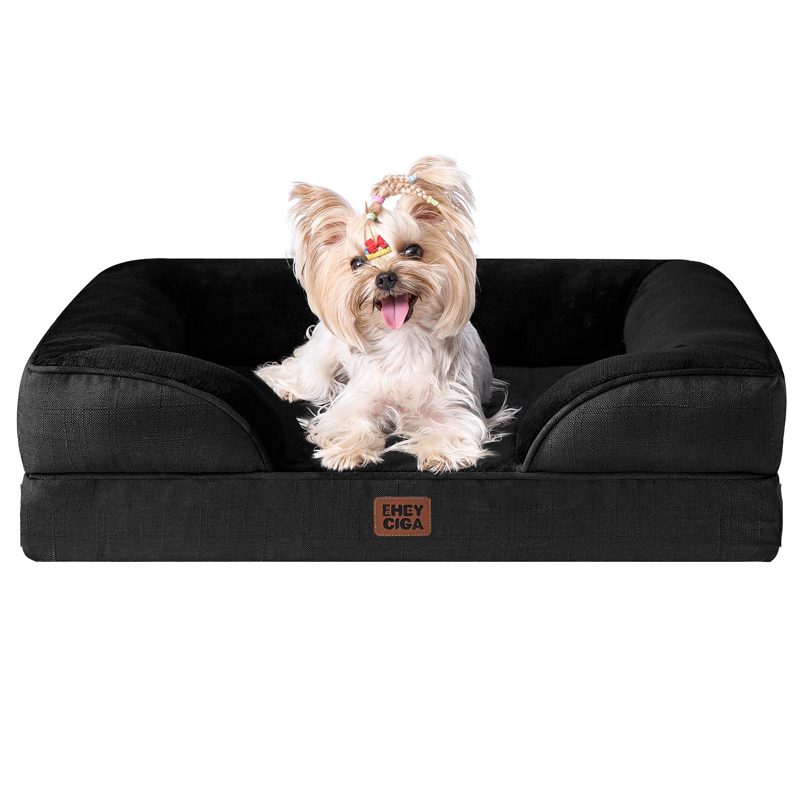 EHEYCIGA Orthopedic Dog Bed for Small Dogs, Waterproof Memory Foam Small Dog Beds with Sides, Non-Slip Bottom and Egg-Crate Foam Medium Pet Couch Bed with Washable Removable Cover, Black
