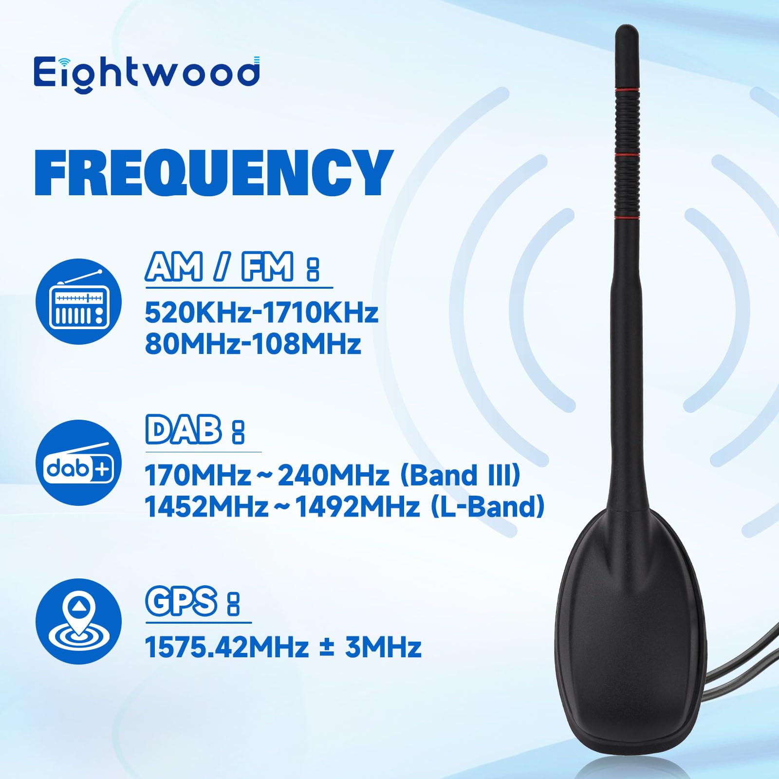 Eightwood Active DAB DAB+ antena samochodowa radio cyfrowe GPS DAB FM antena samochodowa antena dachowa antena samochodowa ze wzmacniaczem ze złączem SMB/SMA DIN adapter radio samochodowe rozdzielacz