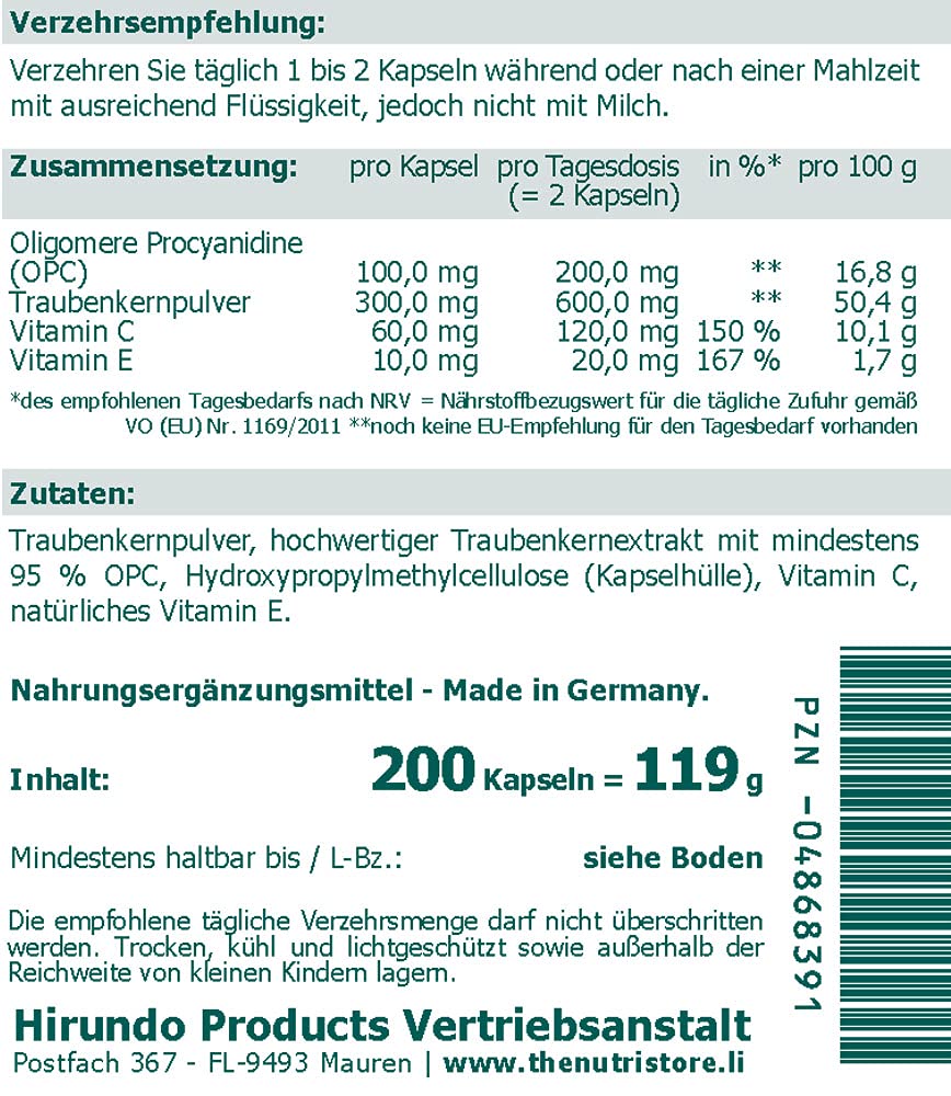 OPC 100 mg vegane Kapseln 200 Stk - Oligomere Procyanidine aus Traubenkernen plus Vitamin C und E - gegen freie Radikale