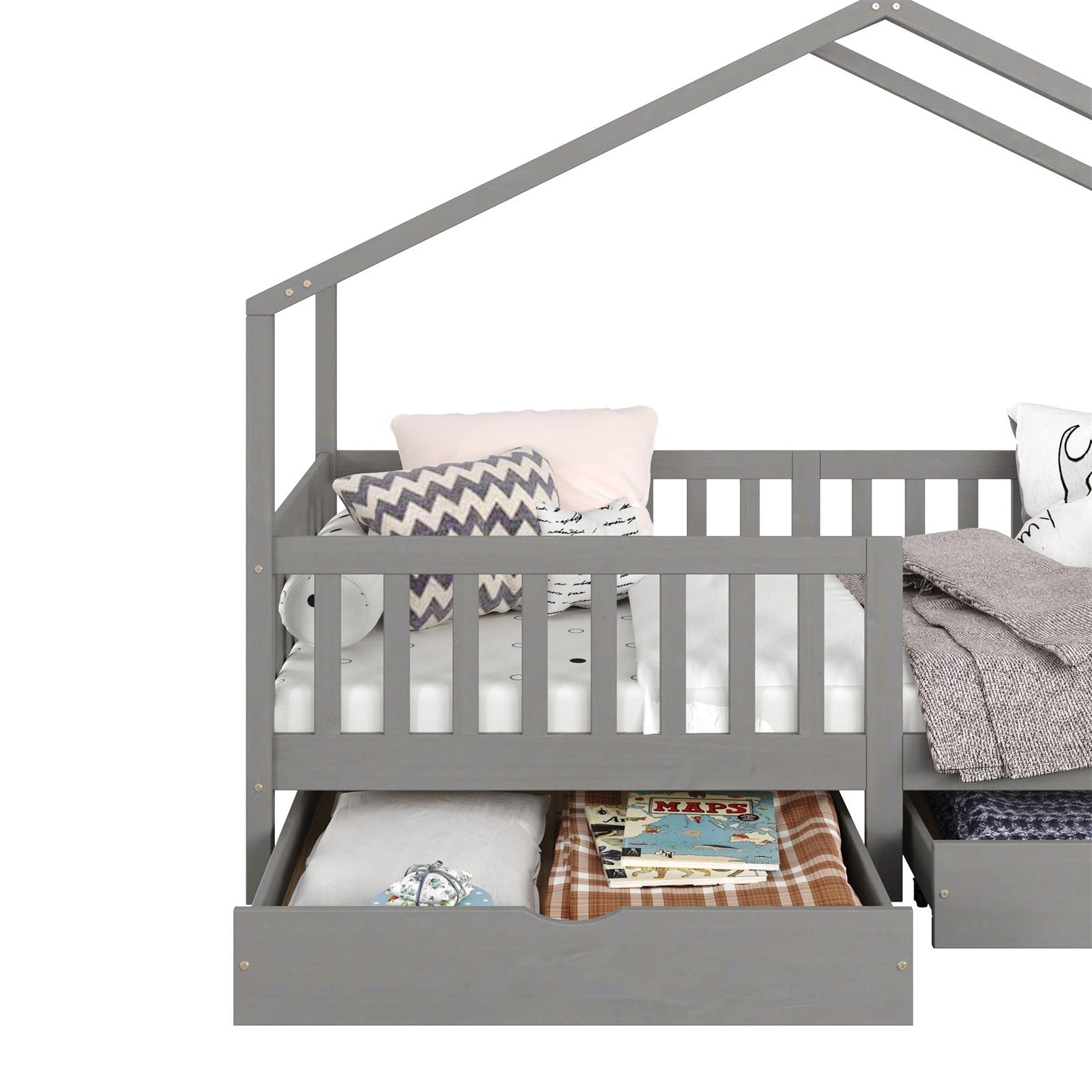 IDIMEX Hausbett ELEA aus massiver Kiefer, Kinderbett mit Rausfallschutz 90x200cm, Spielbett mit Dach in grau