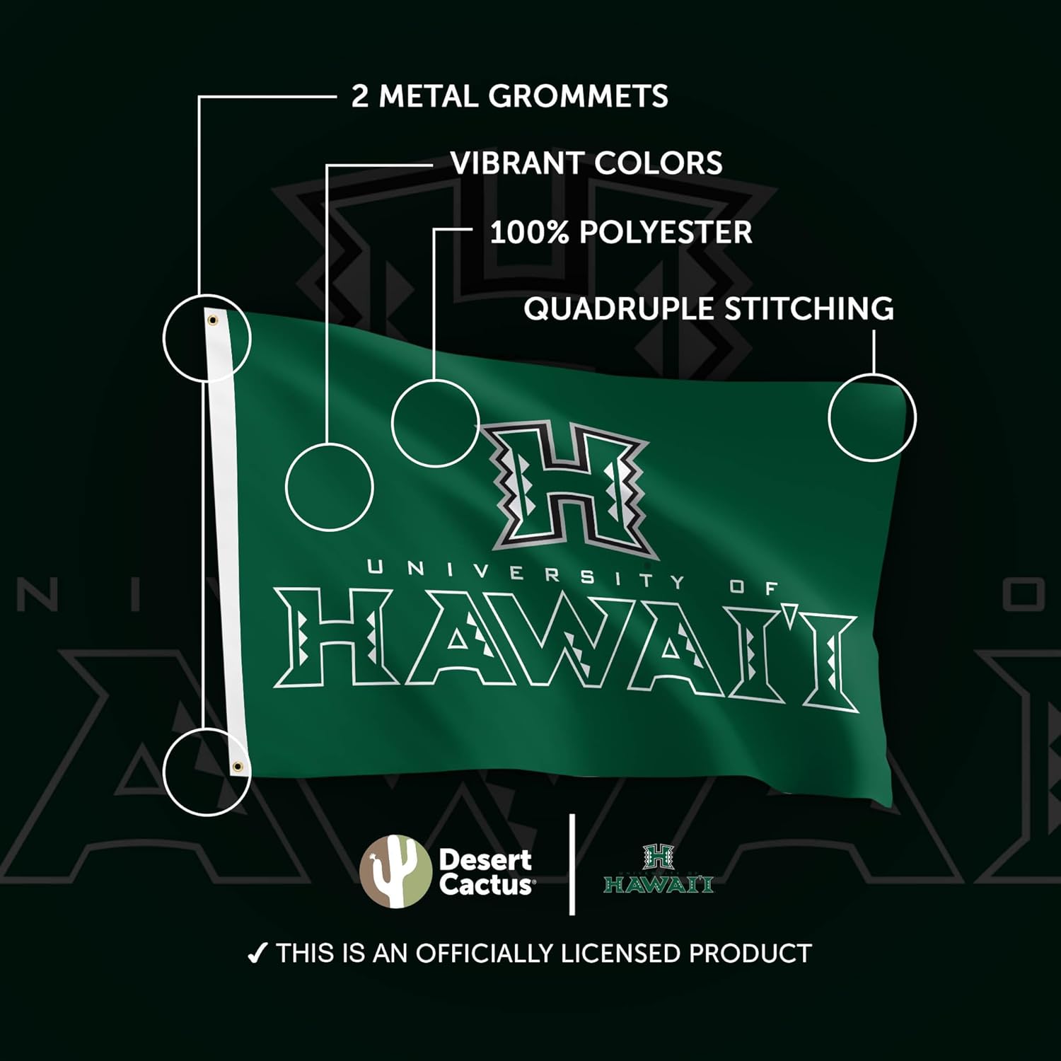 Desert Cactus University of Hawaii UH Flag - 3 x 5 Feet Warriors Banner, Indoor/Outdoor Durable Fabric, 100% Polyester Design (Style A) - Image 4