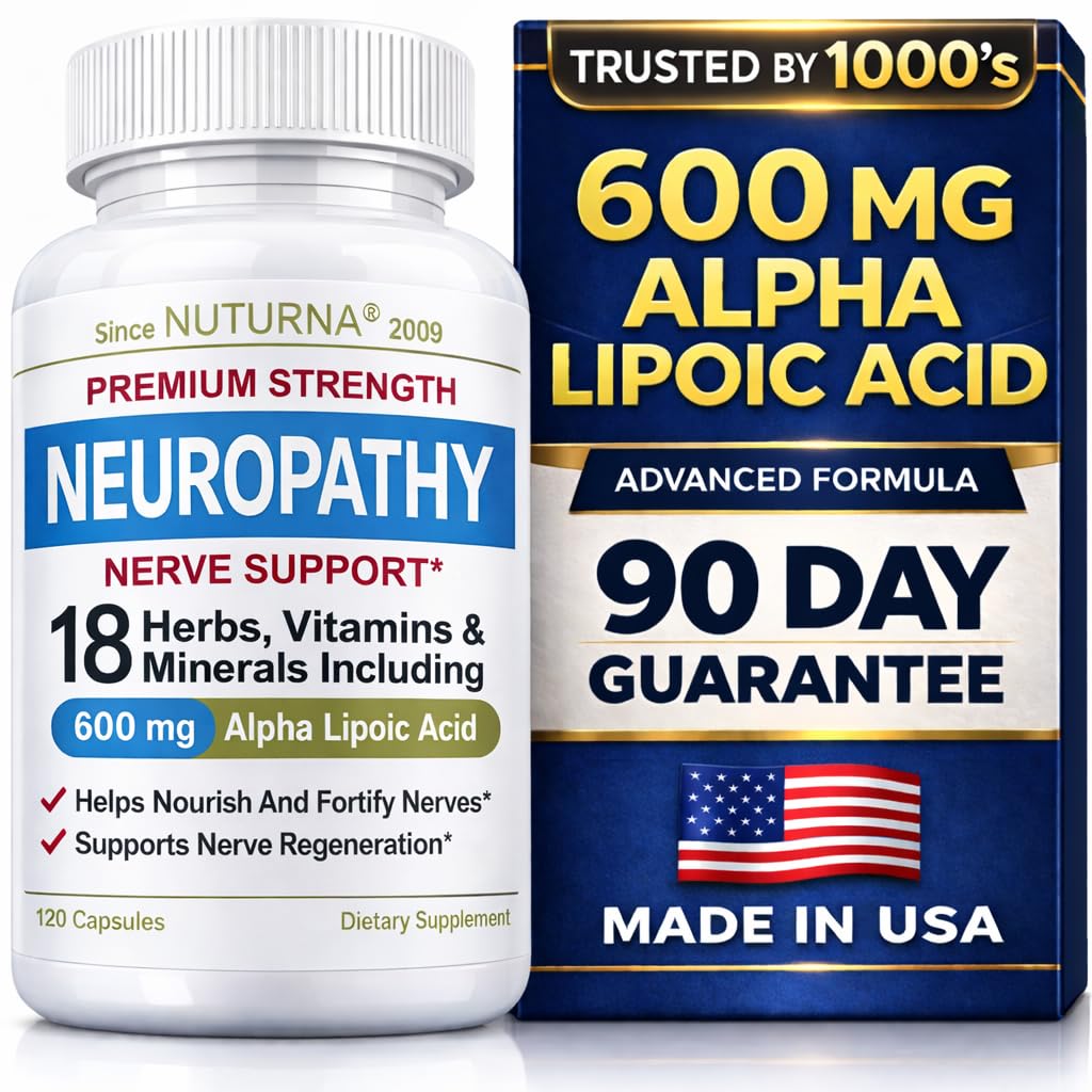 Neuropathy Nerve Support Supplement with 600 mg Pure Alpha Lipoic Acid - Maximum Strength ALA Nerve Formula for Feet Hands Fingers Legs - Ultra Potent 18 in 1 Natural Nerve Vitamins - 120 Capsules Seafoam-white