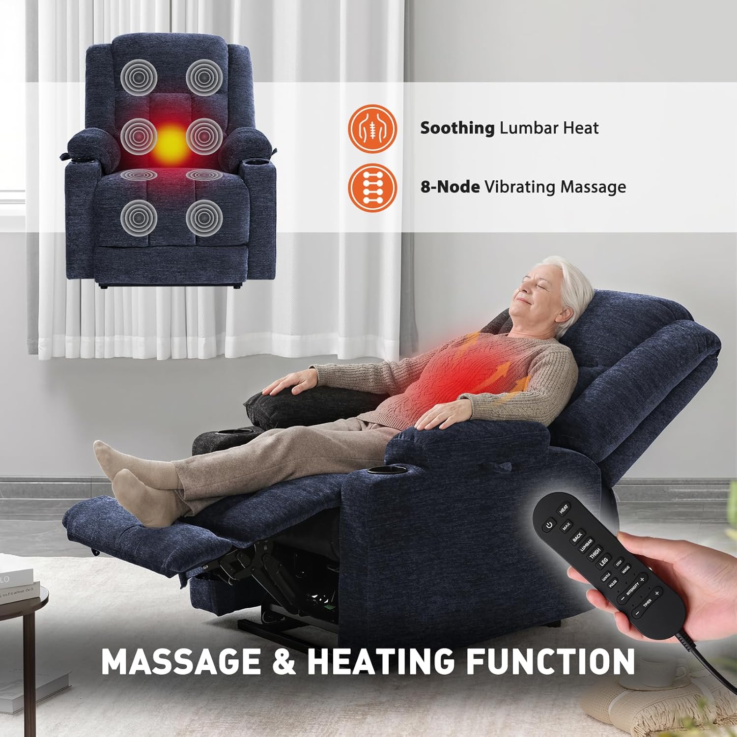 EONIX Dual Motor Lay Flat Power Lift Recliner Chair for Elderly, Electric Recliner Lift Chair for Adults with Cup Holders, 400lbs Heavy Duty Power Lift Sofa with Heat and Massage, Navy Blue