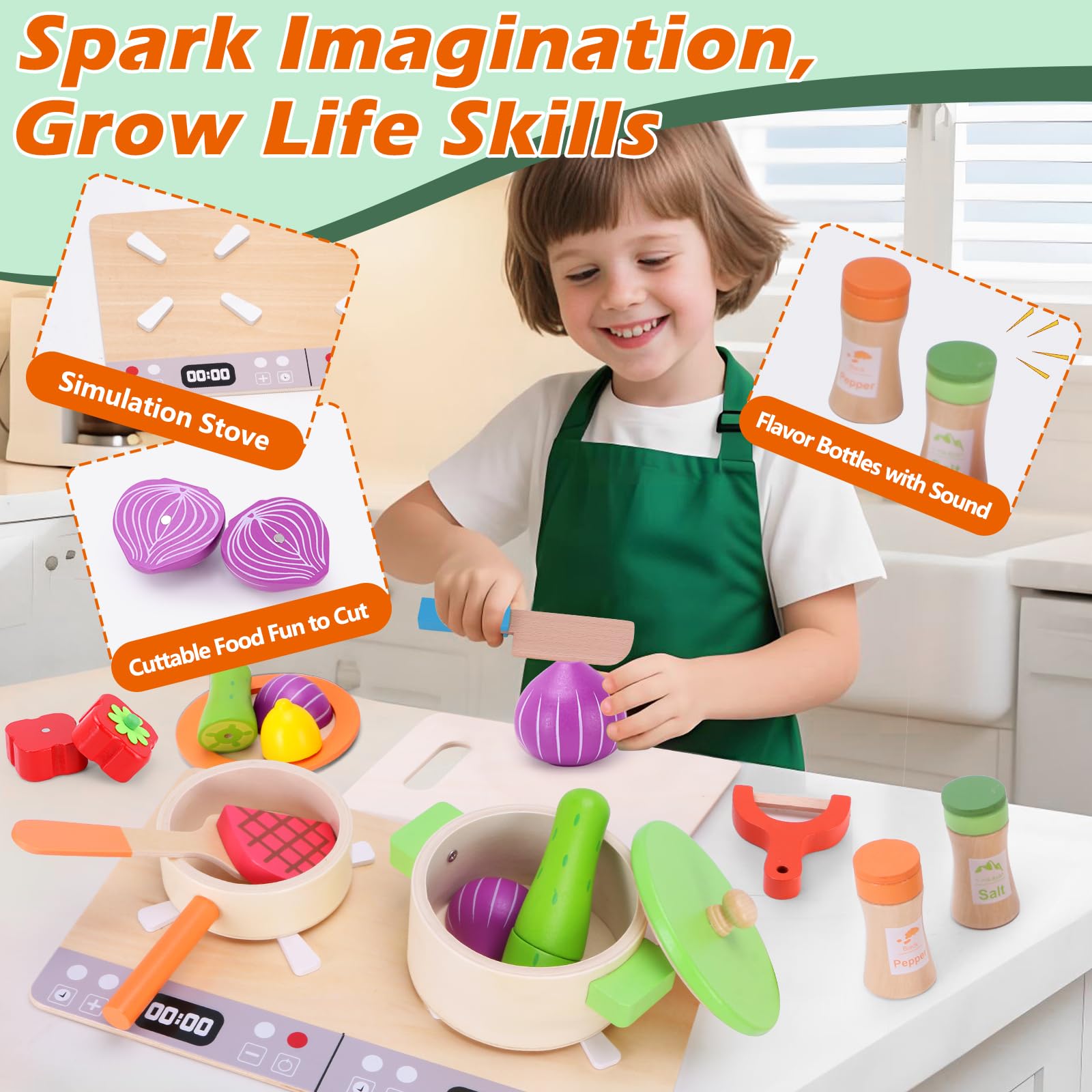 Cocinita de Madera Infantil Juguetes de Cocina para Niños, 27 Piezas Cocina Juguete Ollas y Sartenes, Juego de rol para Niños Mayores de 3 Años