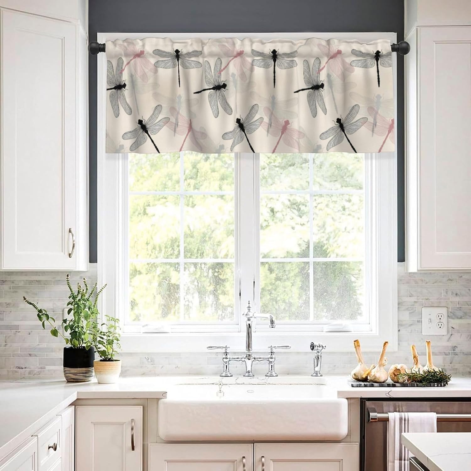 Valance for Windows Watercolor Black Gray Pink Dragonfly Decorative Rod Pocket Kitchen Curtain Valances Short Window Valance Curtains for Living Room Bedroom Bathroom 1 Panel 54x18Inch