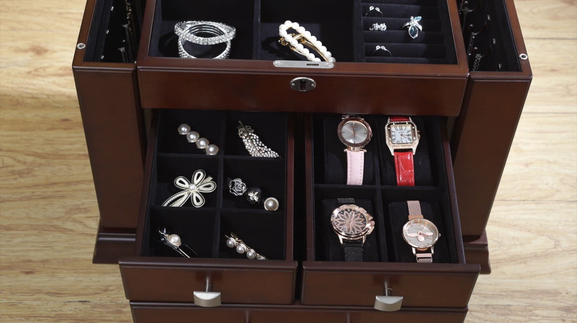 Large Mahogany Wood Finish Necklace Jewelry Box with Lock Mirror Fashioned From French