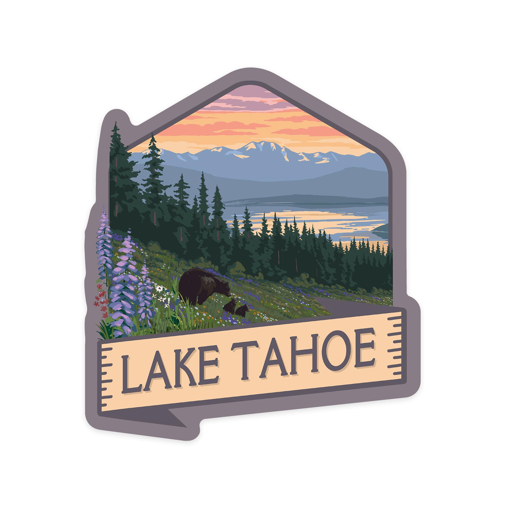 Lantern Press Sticker Lake Tahoe, Black Bear and Cubs and Flowers Die Cut Vinyl, (Waterproof Decal for Cars, Water Bottles, Laptops, Coolers), Small