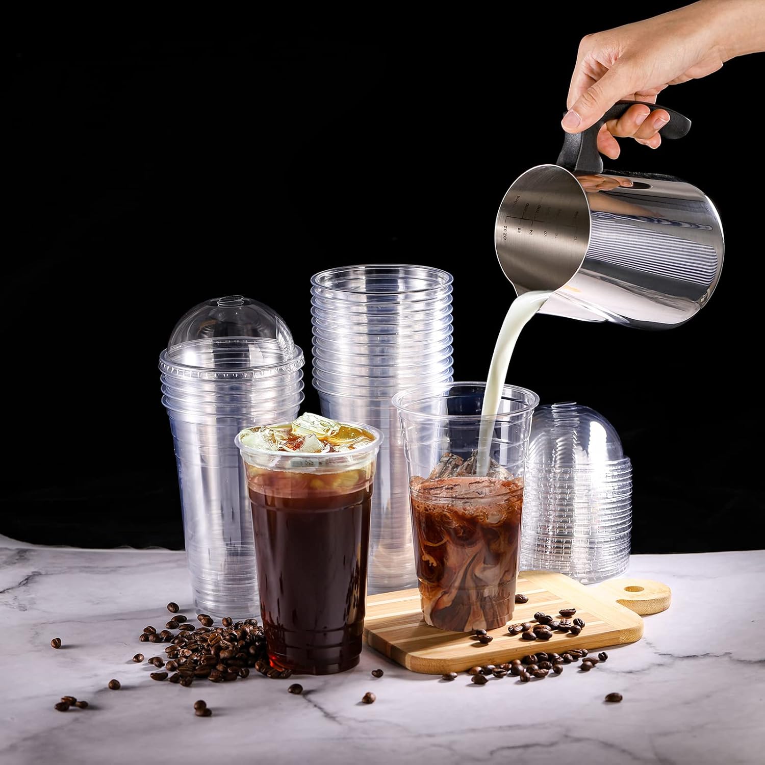 Okllen 100 Pack 24 Oz Plastic Cups with Dome Lid and Hole, Disposable Clear Drinking Cups for Party Milkshake To Go Iced Cold Coffee, Juice, Smoothie, No Straw - Image 4