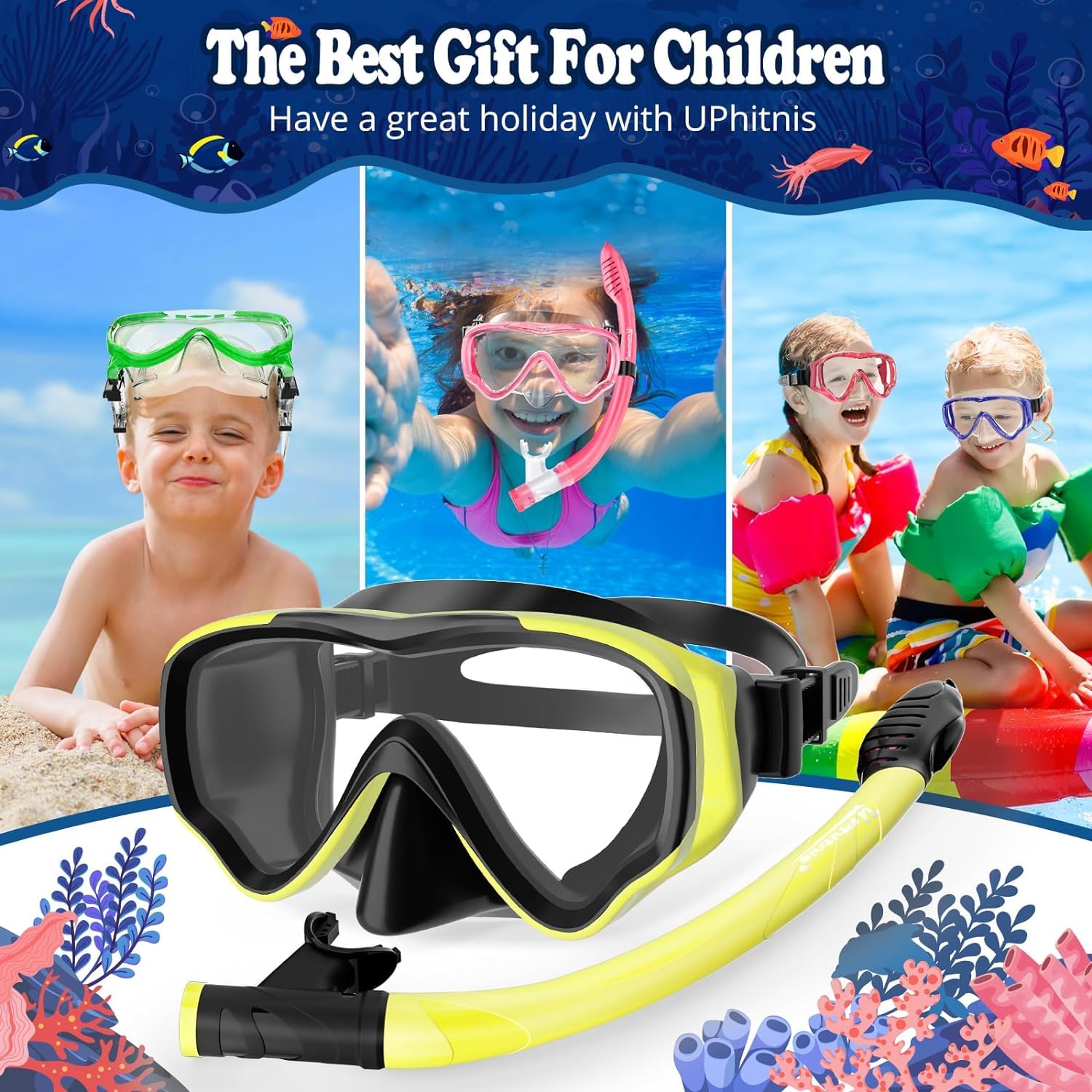 UPhitnis Maschera Snorkeling Bambino 4-12 anni - Maschera Subacquea Bambini Antiappannamento con Boccaglio con Valvola - Set Maschera da Immersione per Ragazzo e Ragazza