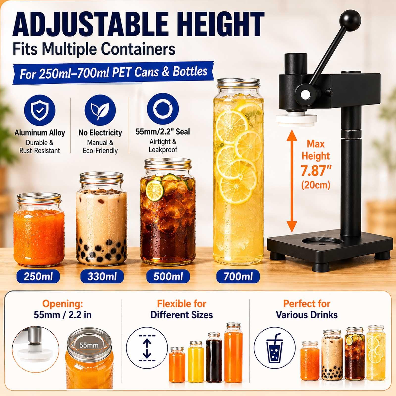 Manuelle Dosenversiegelungsmaschine für 55 mm PET-Dosen, verstellbarer Dosenversiegeler mit 100 500 ml Flaschen zum Versiegeln von Säften, Kaffee und Biergetränken