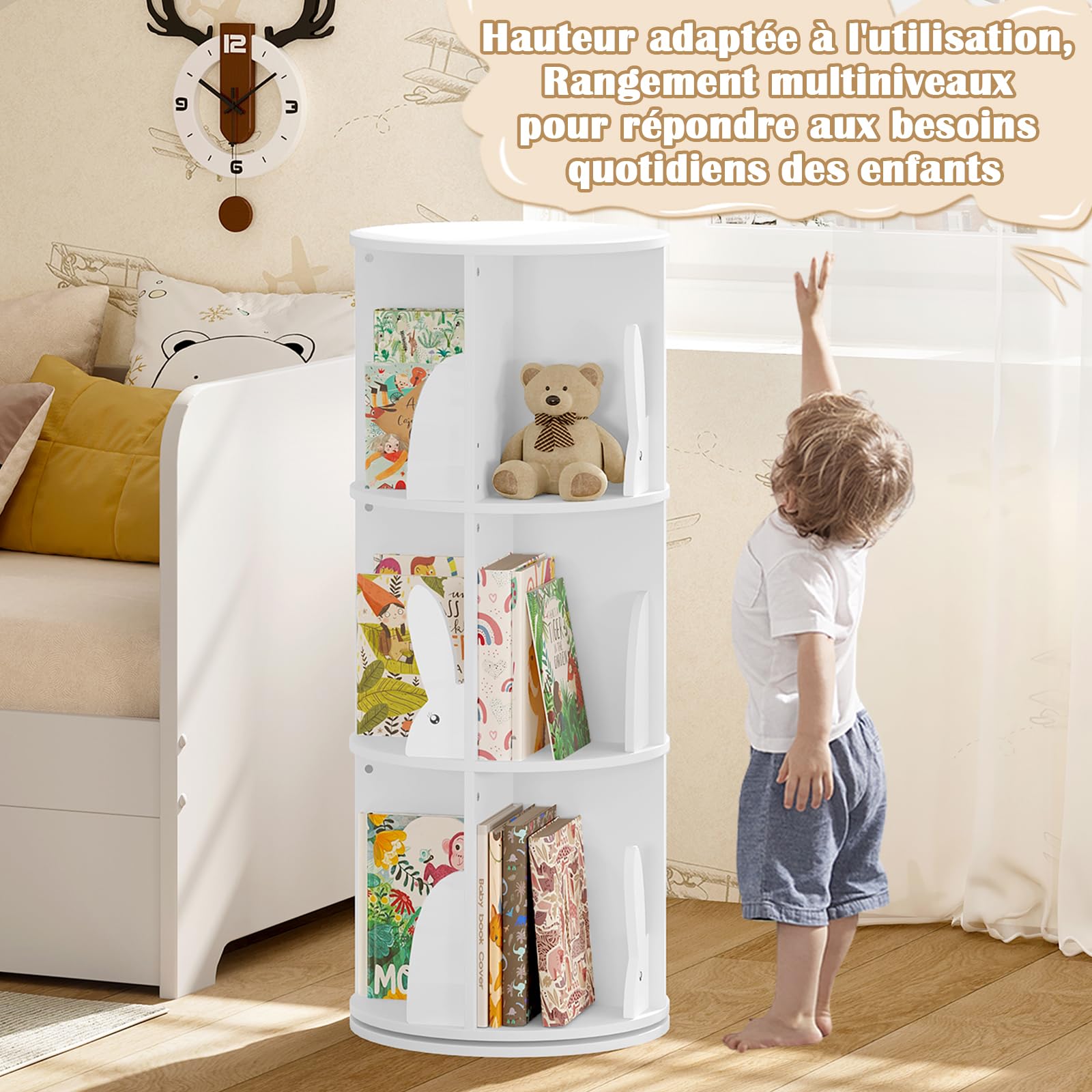 WOLTU Bibliothèque pour Enfants, Étagère Pivotante à 3 Niveaux pour Livres et Jouets, pour Chambre d'enfants, Blanc