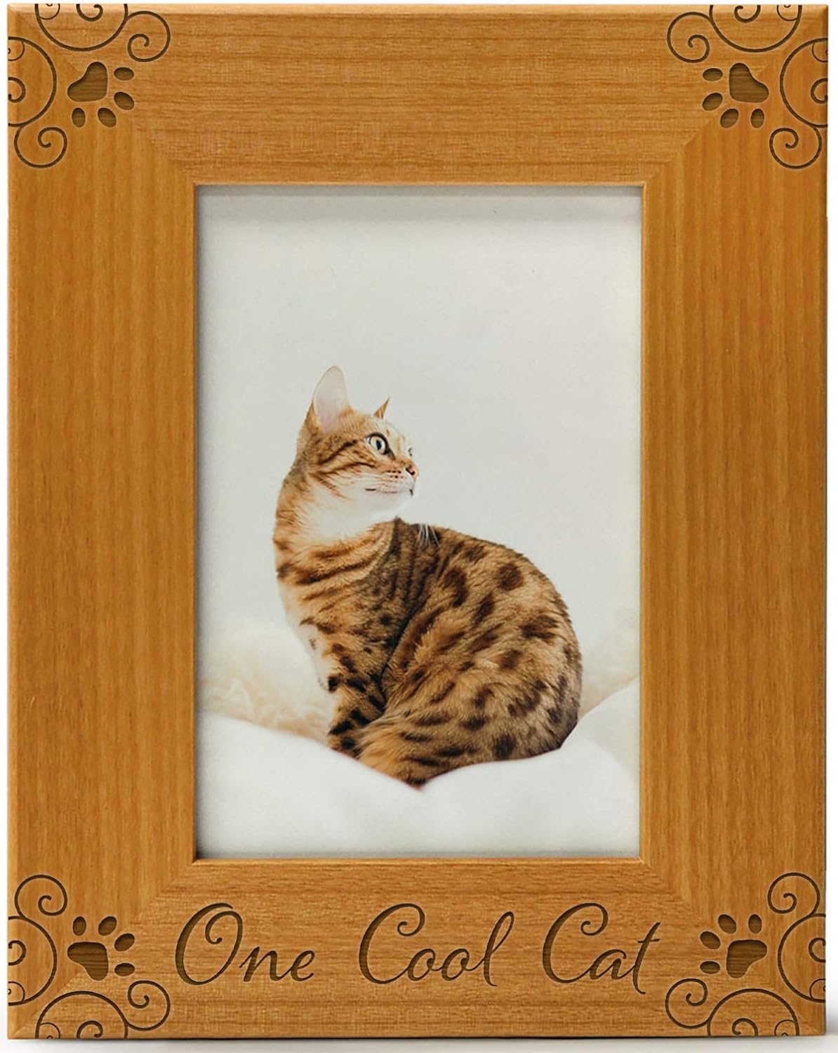CEDAR CRATE MARKET One Cool Cat Pet Picture Frame Engraved Natural Wood, Fits a 4x6 Horizontal Portrait, Cat Picture Frame, Cat Mom Gifts