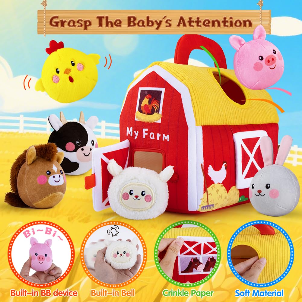 teytoy Baby Toys for Newborn 6-12 Months, Soft Farm Animals with Barn, Rattle, Crinkle Paper, Mirror, Busy Montessori Sensory Toys for Babies Toddlers 1-3 Easter Basket Stuffers - Image 2