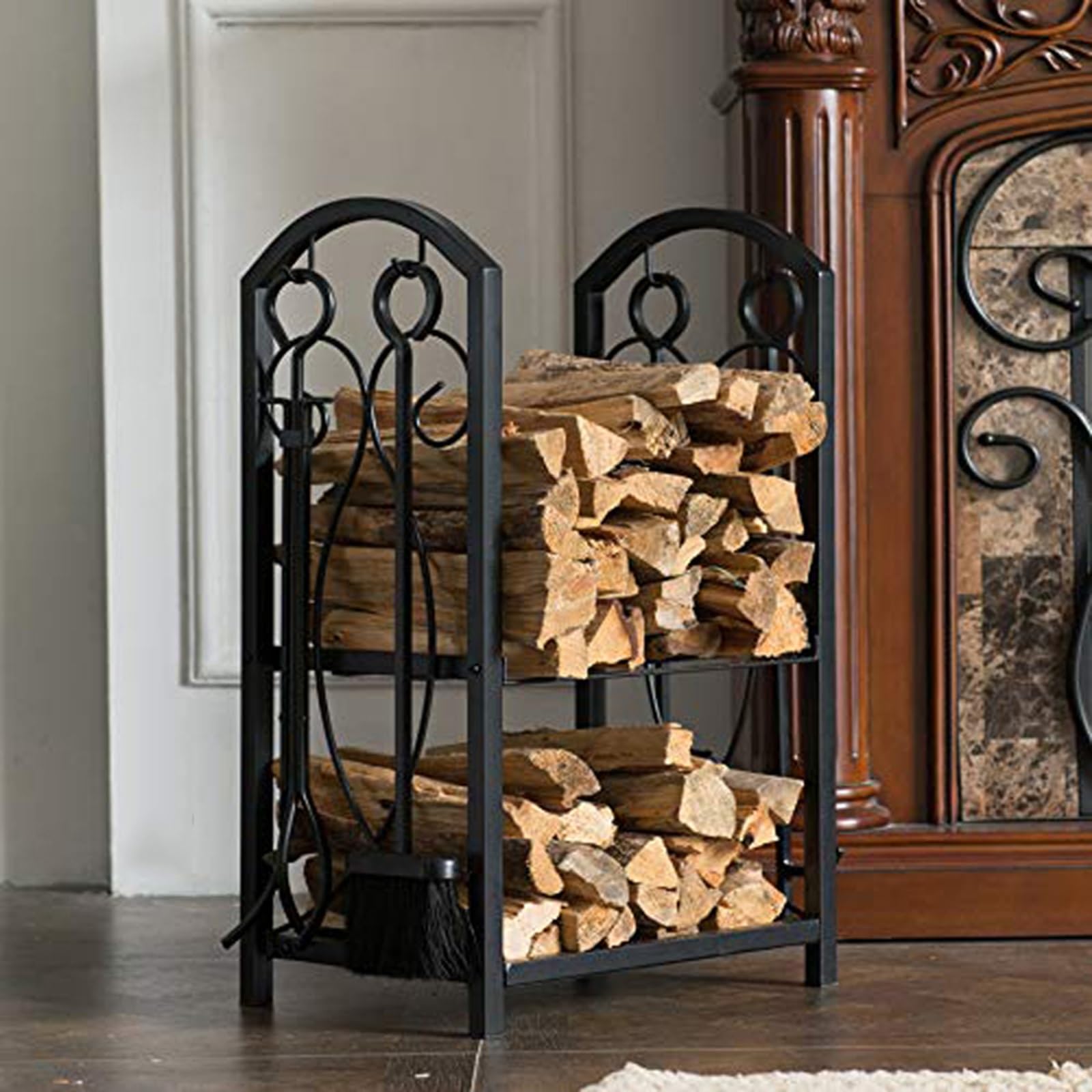 Porte-bûches Mygift – Bois Brun Et Métal Noir – Support à Bois Autoportant