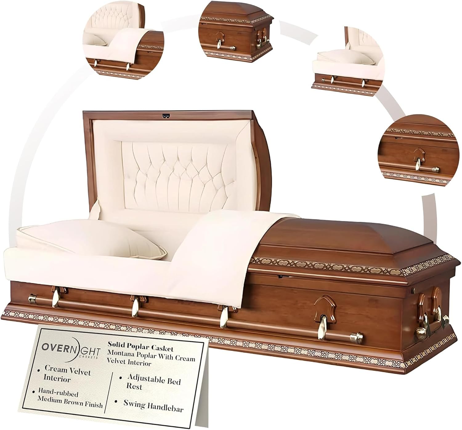 Overnight Caskets Woodbridge Poplar Wood Funeral Casket with Cream Velvet Interior - Premium Solid Poplar Wood - Fully Appointed Adult Casket - Handcrafted Hardwood Coffin with Pillow & Throw Set