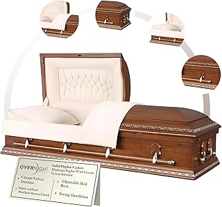 Overnight Caskets Montana Poplar Wood Funeral Casket with Cream Velvet Interior - Premium Solid Poplar Wood - Fully Appointed Adult Casket - Handcrafted Hardwood Coffin with Pillow & Throw Set