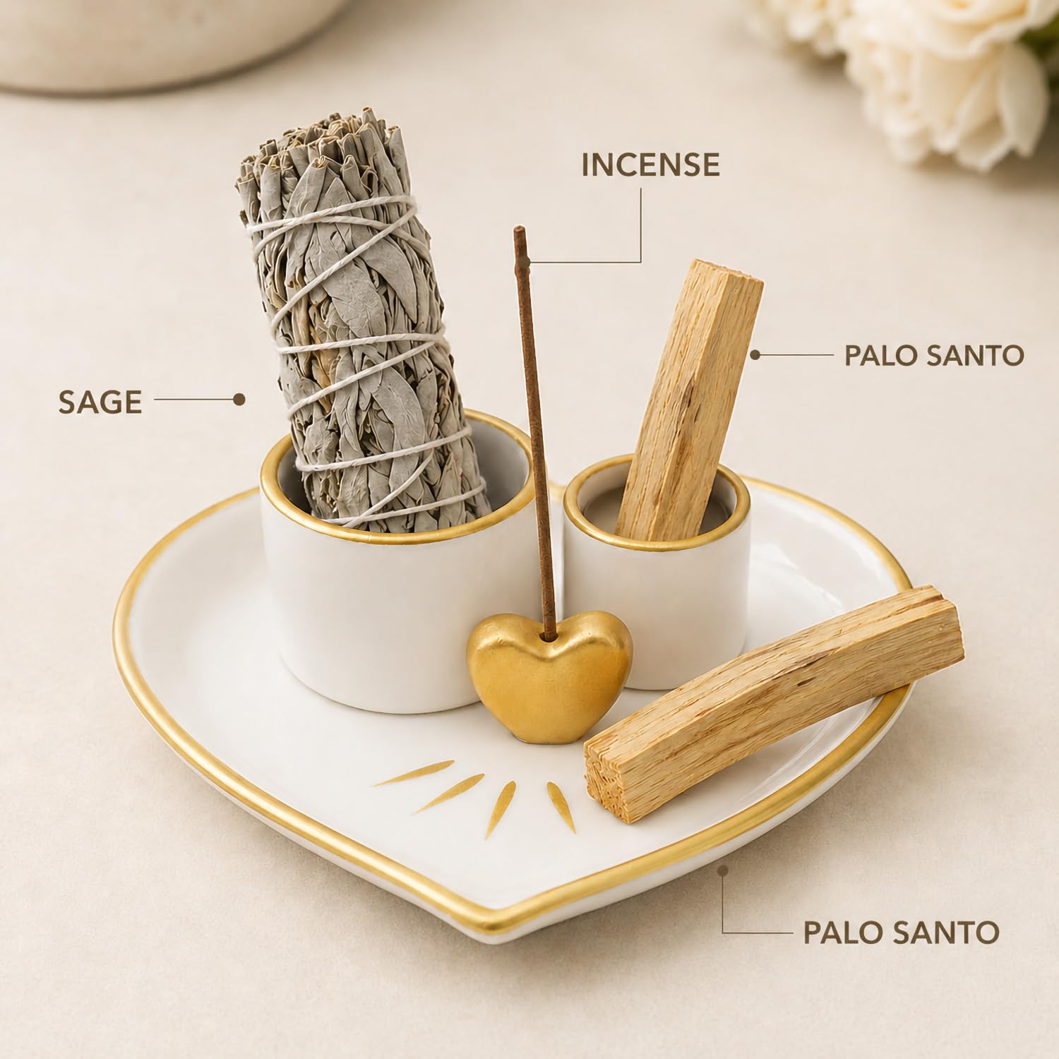 Porta incenso a forma di cuore, in ceramica, per bastoncini, salvia