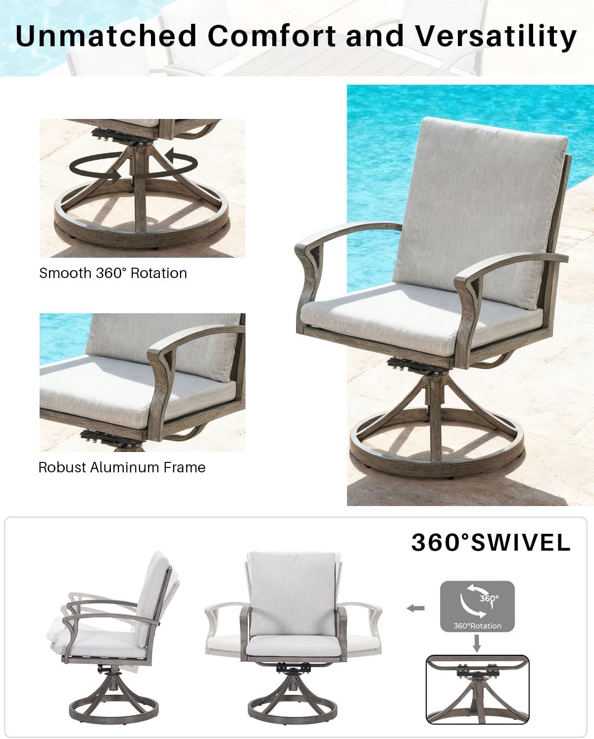 Swivel Patio Dining Chairs Set of 2, Aluminum Outdoor Swivel Rocking Dining Chairs with Cushions, Outdoor Dining Set Patio Furniture Set for Backyard, Deck, Garden, Pool, Limed Oak