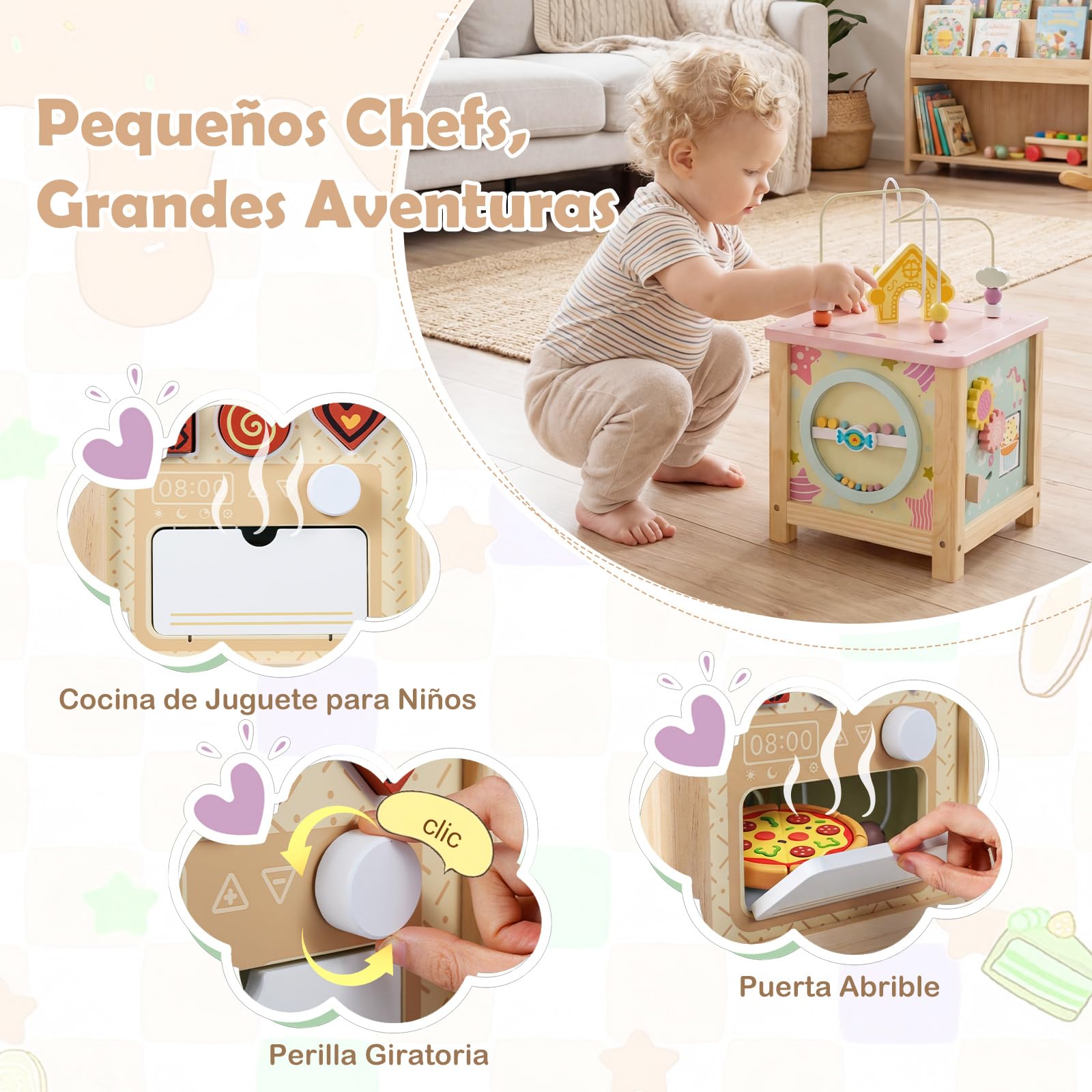 COSTWAY Cubo de Actividades de Madera, Juguetes Sensoriales Montessori para Niños de 18+ Meses, Juguetes Educativos para Bebés, Juguetes de Aprendizaje