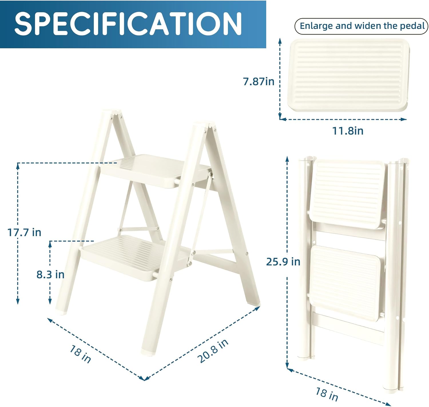 2 Step Ladder, Portable Folding Step Stool with Sturdy Carbon Steel Metal, 330LB Capacity, Non-Slip Wide Pedal, ladders for Home, Kitchen, Closet, Bookshelf, Adult (Milk White)