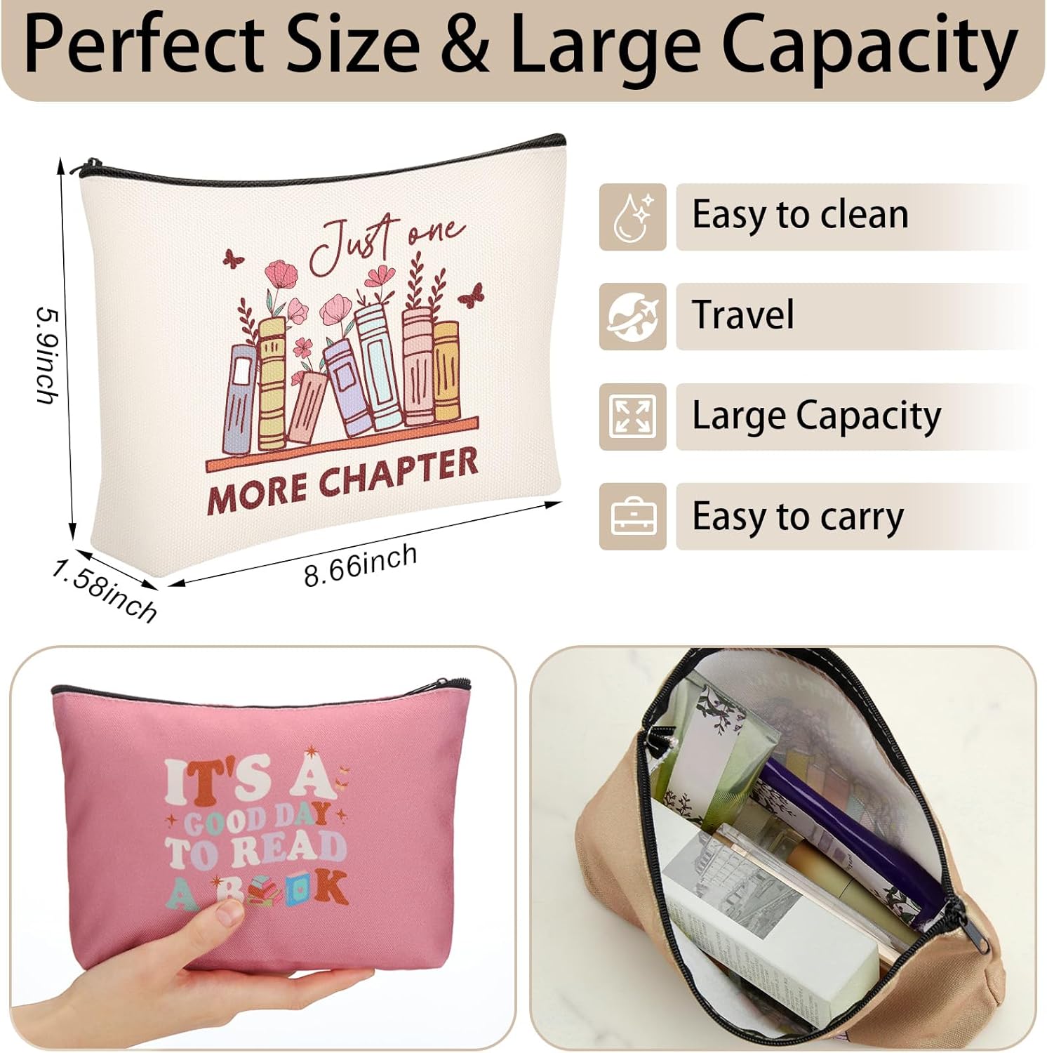 12 Pcs Book Lover Makeup Bags Book Club Gifts for Women Novelty Bookish Cosmetic Bag with Zipper Pouch for Teen Adult Bookish Librarian Reader Gifts (Boho Style) - Image 3