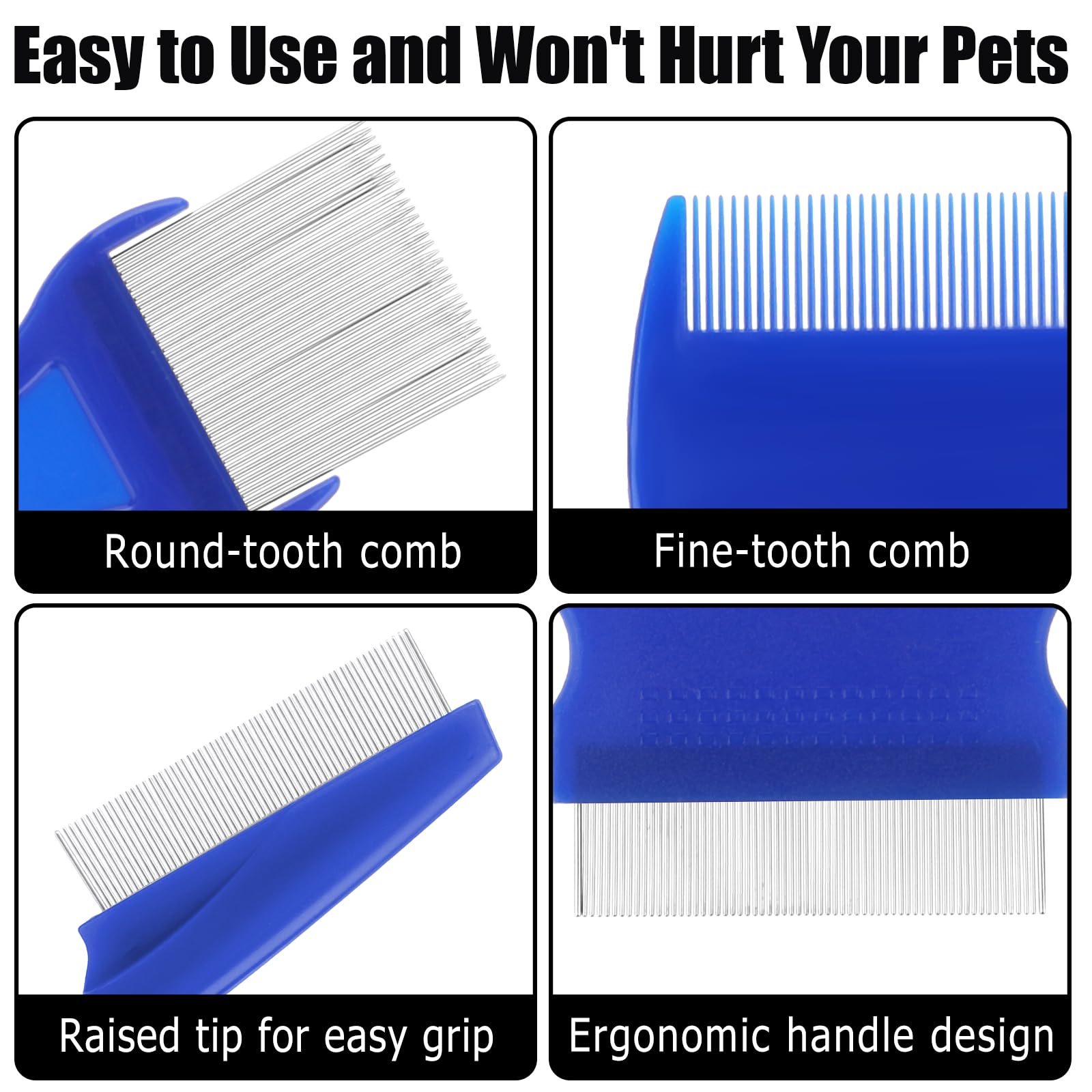 Molain Lot de 5 peignes anti-puces en acier inoxydable avec dents arrondies pour chats et chats, peigne à poils épais, peigne à dents fines pour chien et chat