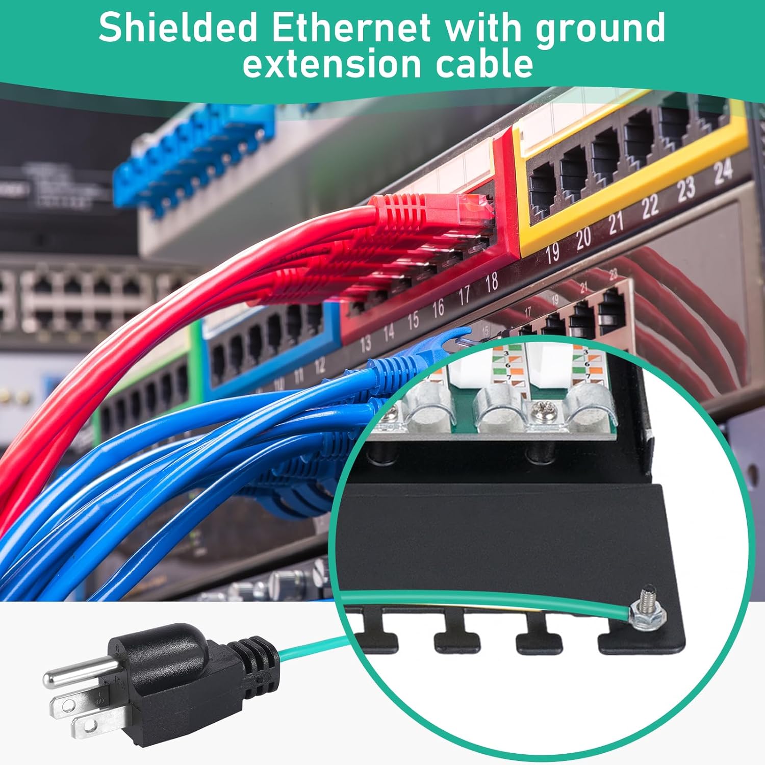 Shielded Ethernet Patch Panel Bond Ground Extension Cord,3 Prong Plug for NEMA 15A/20A, Ideal for Ethernet Bond & Ground Adapt