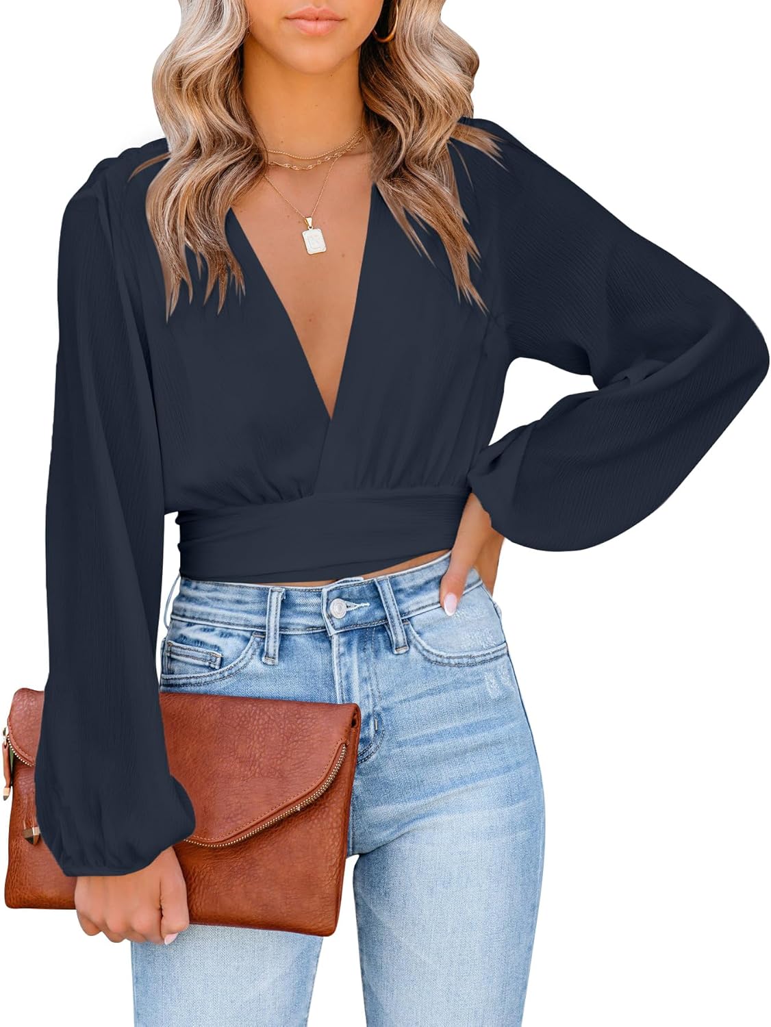 LYANER Women's Deep V Neck Long Sleeve Tie Front Knot Sexy Wrap Crop Top Blouse - Image 3