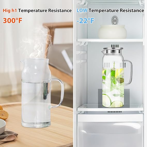 2 Pack Glass Pitchers with Lids, 2L Borosilicate Water Jugs with Handle and Spout, Heat Resistant Clear Beverage Carafes for Iced Tea, Juice, Water, Cold or Hot Drinks, Fridge