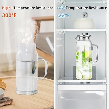 2 Pack Glass Pitchers with Lids, 2L Borosilicate Water Jugs with Handle and Spout, Heat Resistant Clear Beverage Carafes for Iced Tea, Juice, Water, Cold or Hot Drinks, Fridge