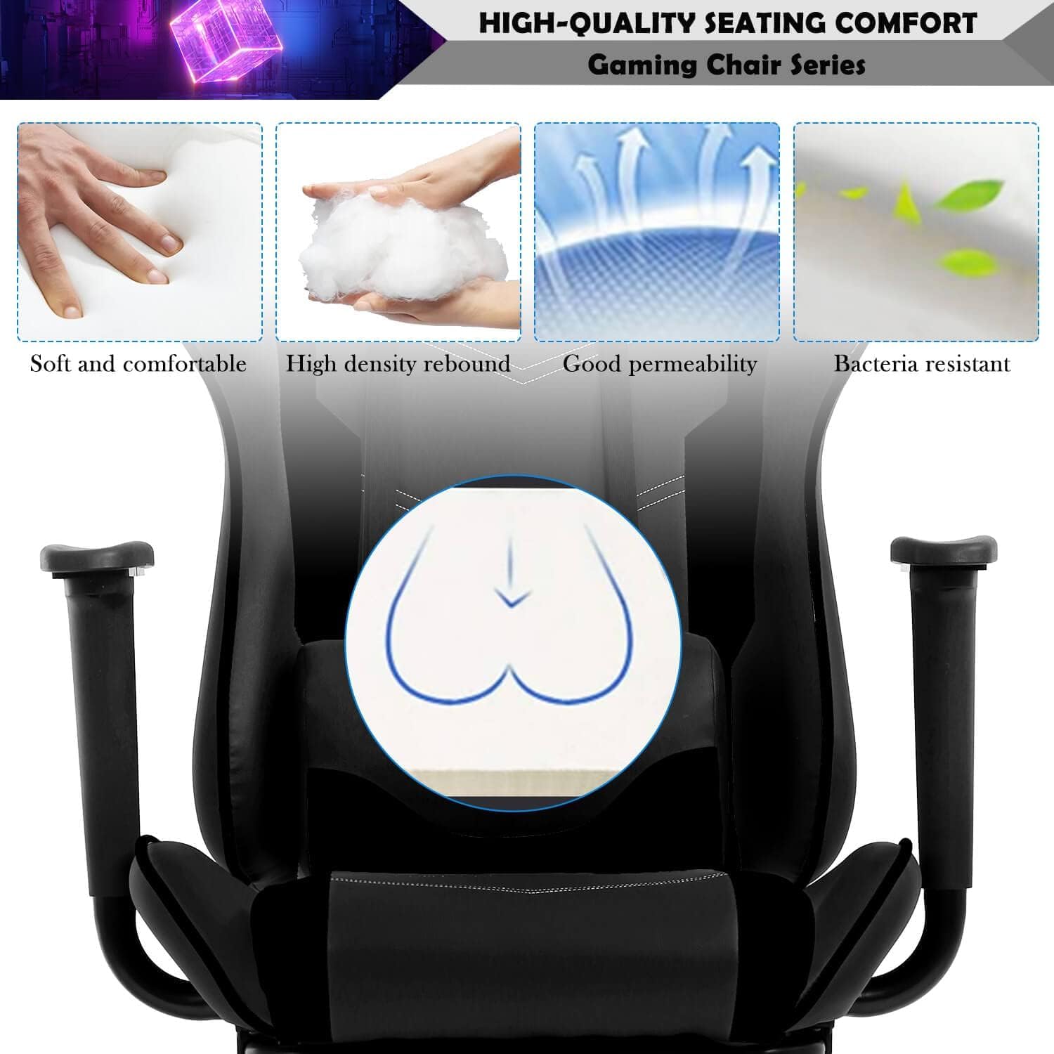 Massage Gaming Chair with Footrest - Ergonomic PC Office Chair with Lumbar Support, Headrest, Armrest - High Back PU Leather Recliner, Heavy Duty Swivel Gamer Chair, Black