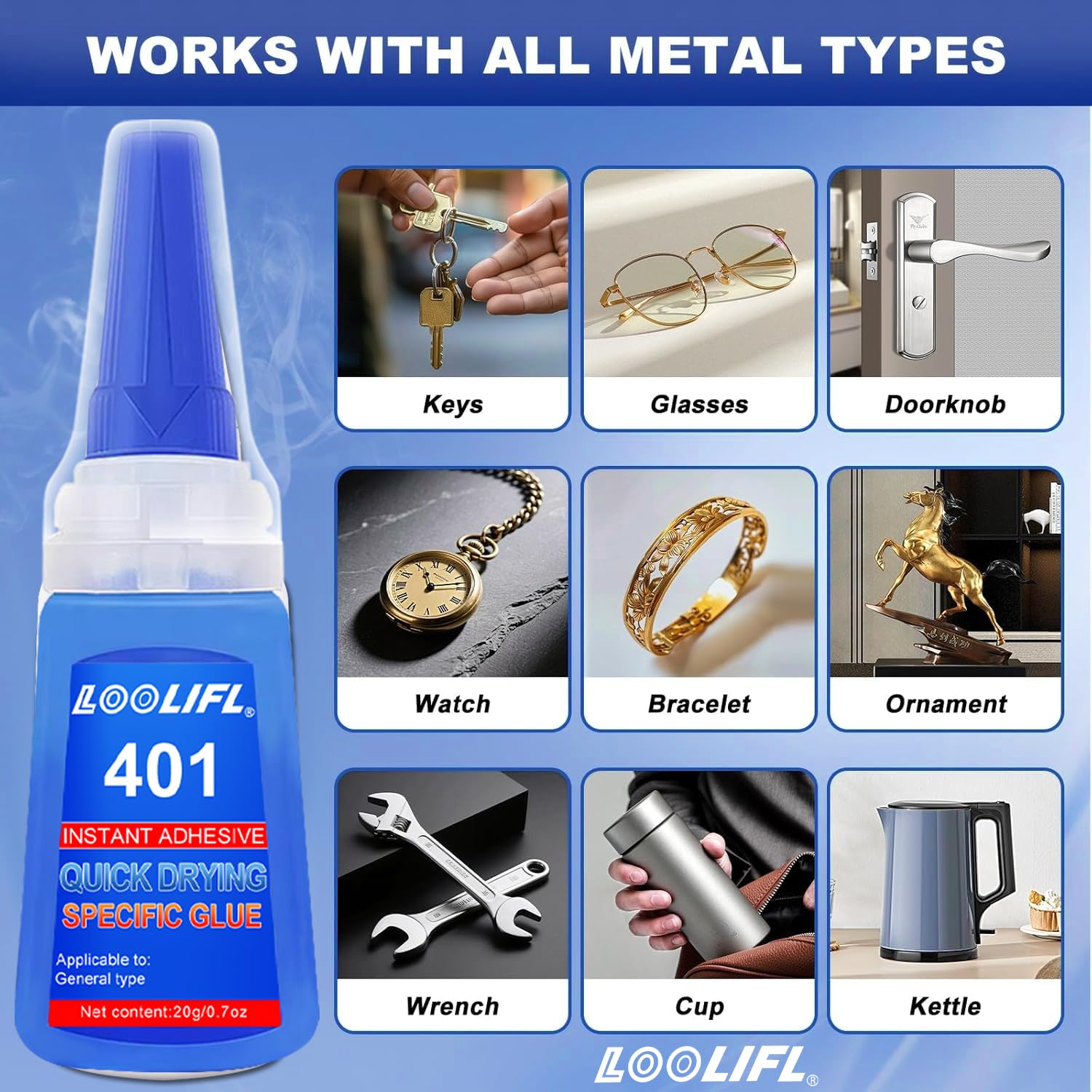 20ml Super Glue Dries Instantly, LOOLIFL High Viscosity 401 Strong Instant Adhesive Bond Transparent All-Purpose Universal for Plastic Wood Metal Rubber Leather Manicure DIY Crafts (401-2pcs)