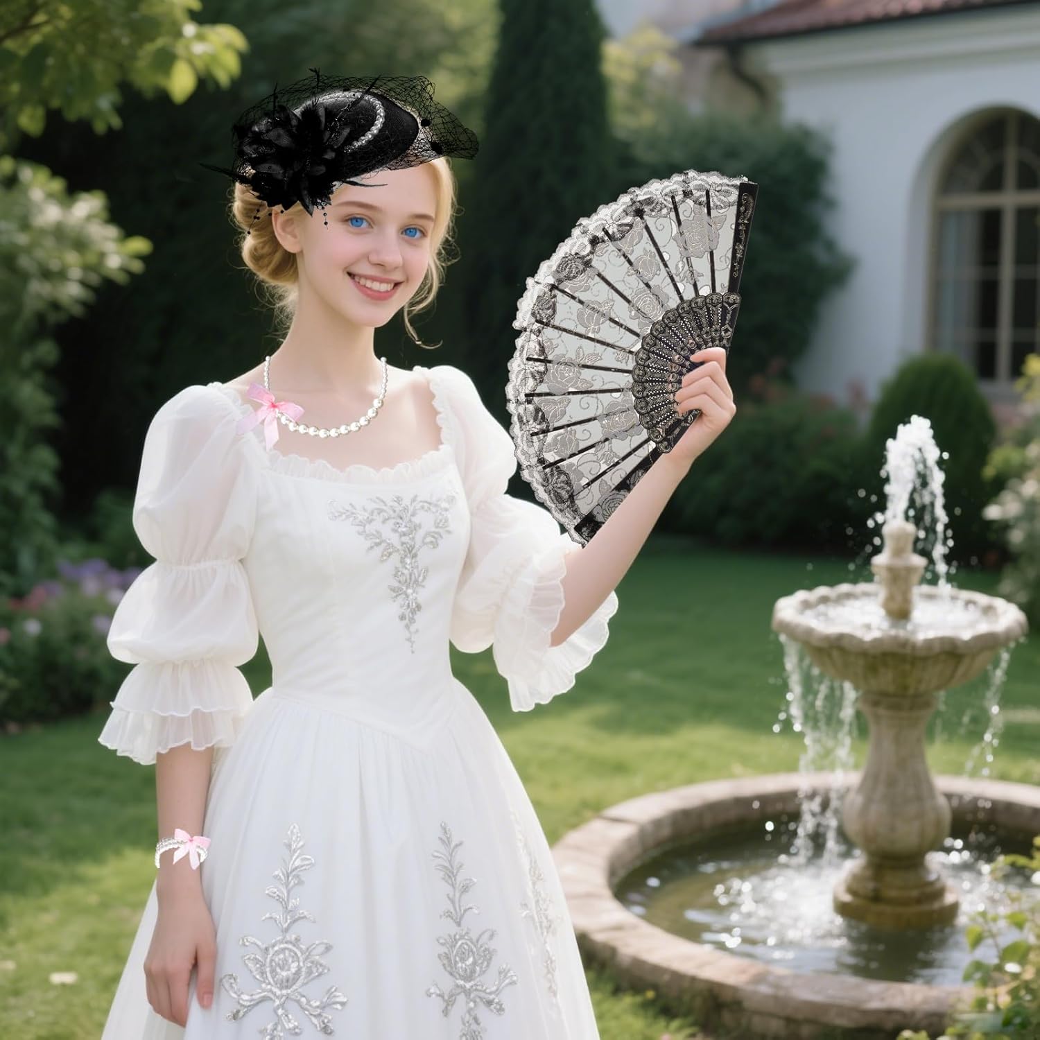 Fumwase 5Pcs Tea Party Accessories Set for Women Afternoon Tea Accessories Kit Gloves Hats Necklace Fan Bracelet - Image 6