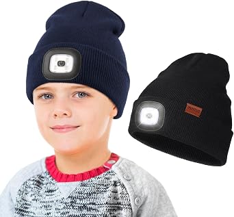 Rechargeable LED Beanie for Kids & Adults, Unisex Winter Knit Cap Headlamp Hat