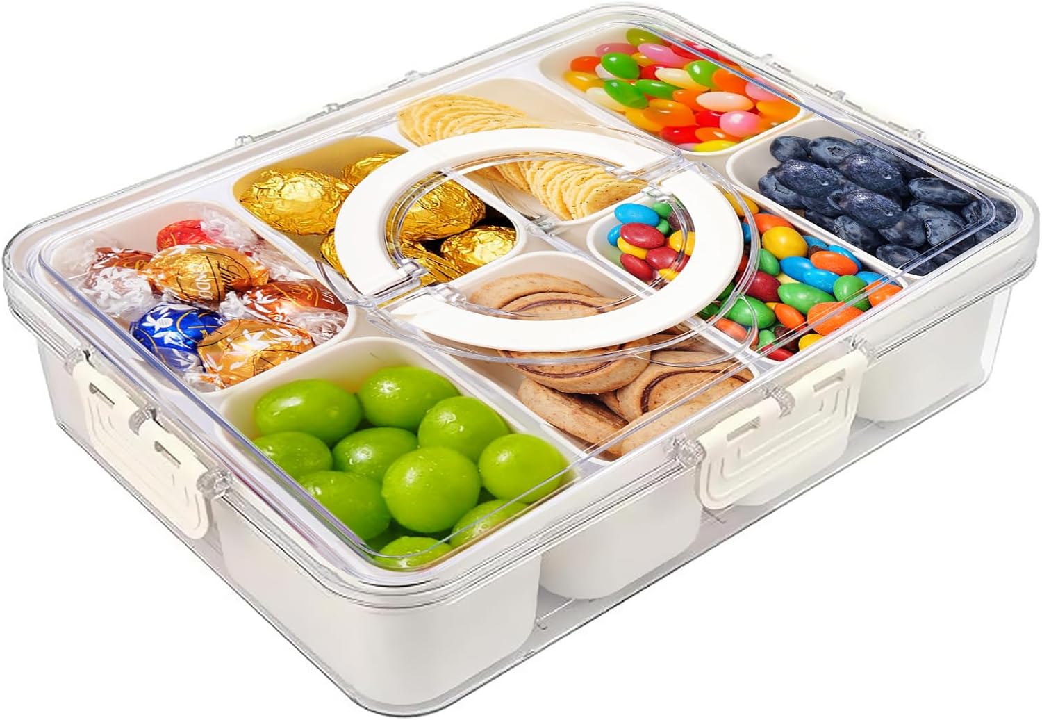 Snackle Box Container,8 Compartment Divided Serving Tray with Lid and Handle,Divided Travel Snack Box for Candy,Nuts,Fruits, Ideal for Party,Travel & Picnic Use
