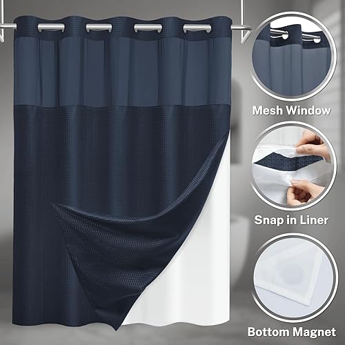 Miniatura 3 de Cortina de ducha sin gancho con forro a presión, cortina de ducha de gofre para baño, tela estilo hotel, forro interior impermeable, 71 pulgadas de