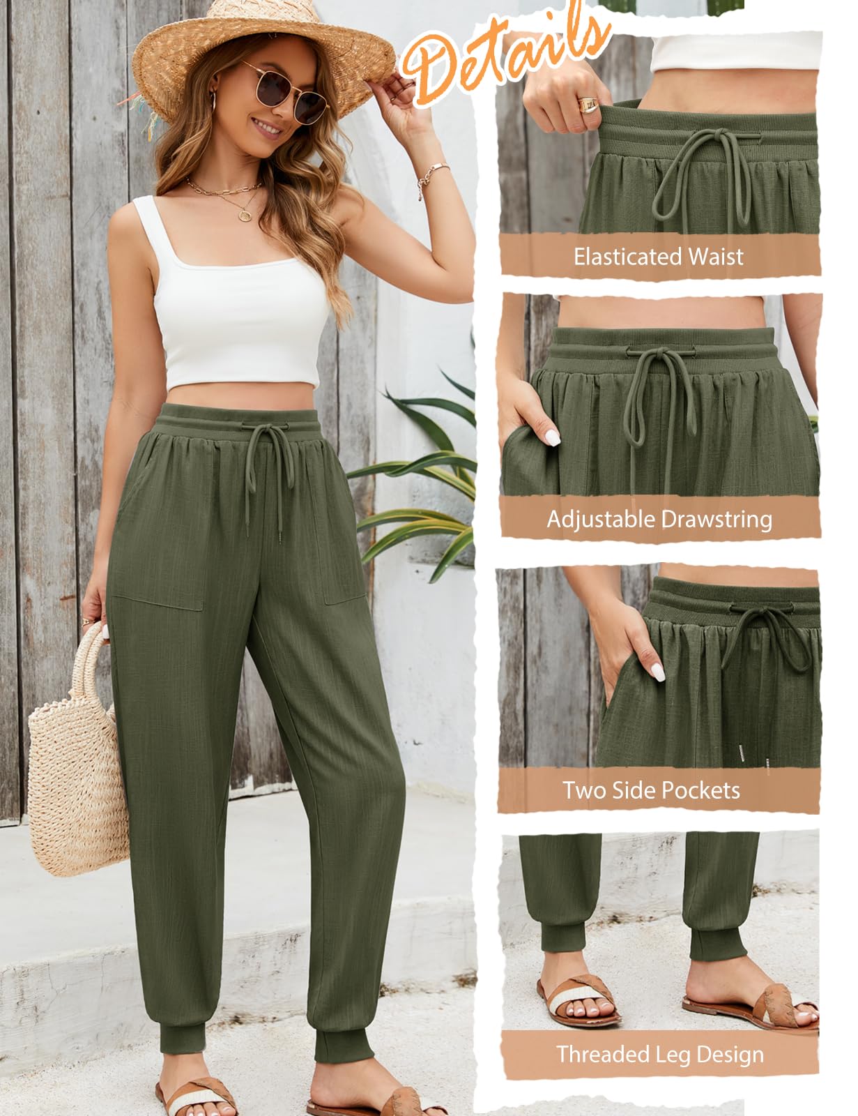 Yuson Pantalones Mujer Verano Lino Palazzo Cintura Alta Rectos Cómodos Bolsillos Cordón