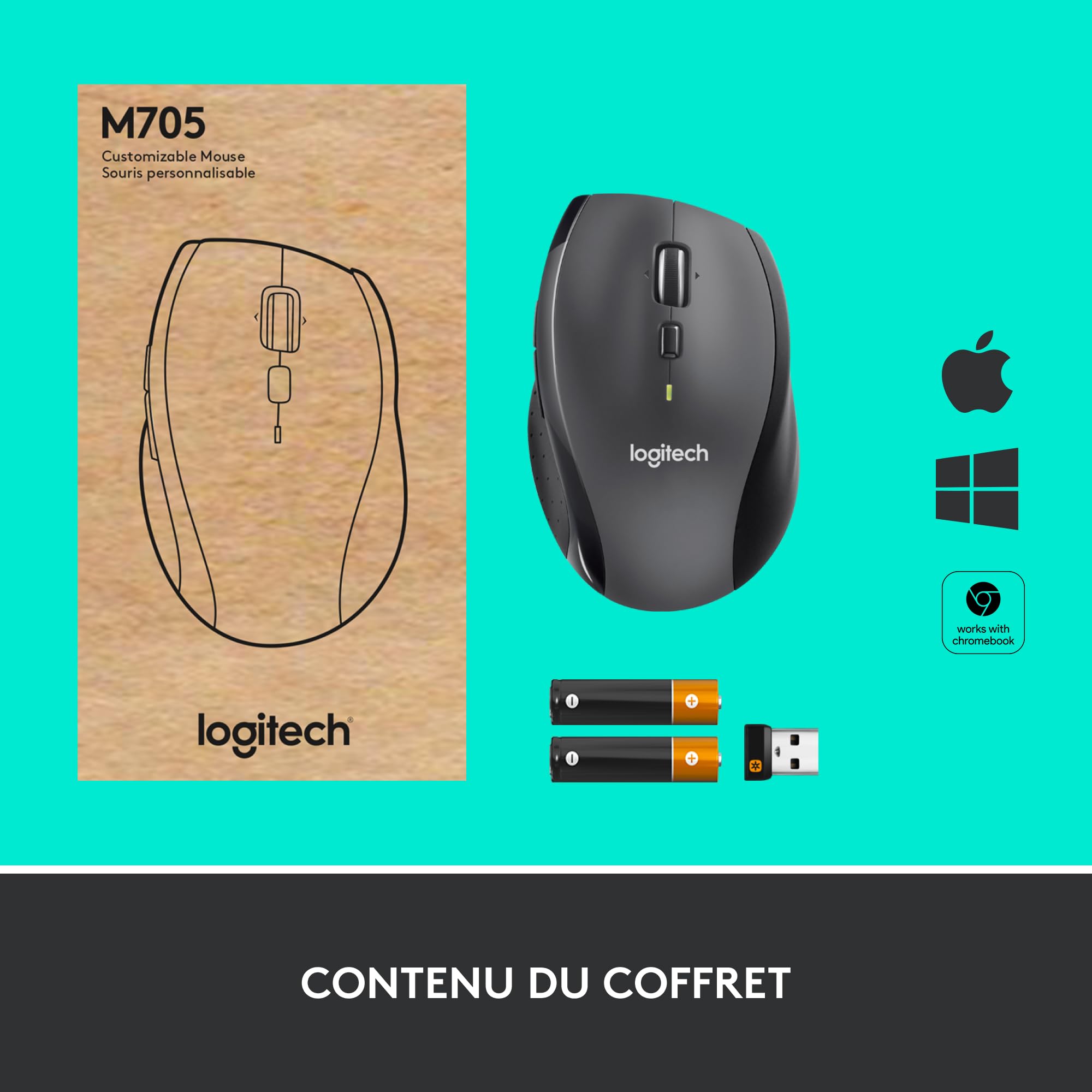 Logitech M705 Marathon sans Fil Souris, Récepteur USB Unifying 2,4 GHz, 1000 PPP, 5 Boutons Programmables, Pile Durée 3 Ans, Compatible PC, Mac, Ordinateur Portable, Chromebook - Graphite