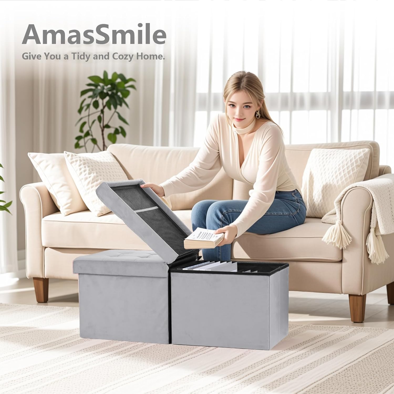 AmasSmile® Storage Ottoman Foot Rest Stool, 34 inch Velvet Footstool Bench, Short Ottoman Stool, Small Folding Storage Ottoman Store Books, Records, Grey - Image 4