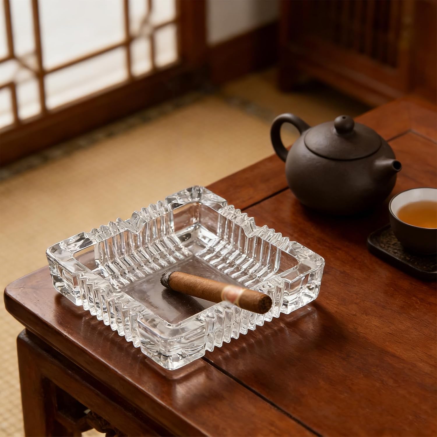 2PCS Large Glass Ashtray, 7x7 Inch Square Tabletop Crystal Ashtrays for Cigar, Indoor Home Office Decor or Outdoor Patio Balcony Use