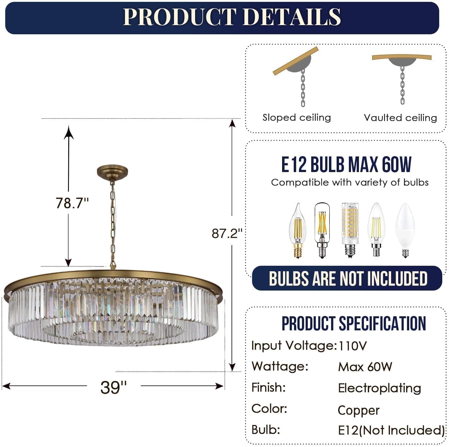 Large Crystal Chandelier Modern Luxury Pendant Ceiling Lights Fixture 18-Lights 3-Tier Raindrop Chandeliers Lighting for Living Room Dining Room Foyer Hallway Bedroom(Copper, Dia 39 Inch)