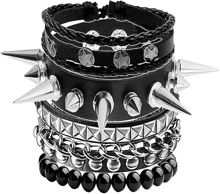 BATHRINS 4 Pcs Punk Rock Studded Bracelets for Men Women 80s Gothic Spike Leather Cuff Bracelet Set Emo Accessories