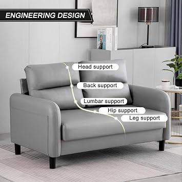 Modern Sofa 140cm,2 Seater Loveseat Comfy Sofa with Extra Deep Seat with 2 Bolster Pillows & Wooden Legs,Fabric Couches for Living Room, Office/Bedroom,Apartment,Grey