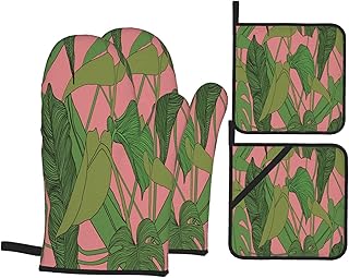 Ensemble de Gants et de maniques résistants à la Chaleur Modèle sans Couture Tropical de Vecteur Vert Exotique pour Cuisiner,Micro-Ondes,Griller,Cuire