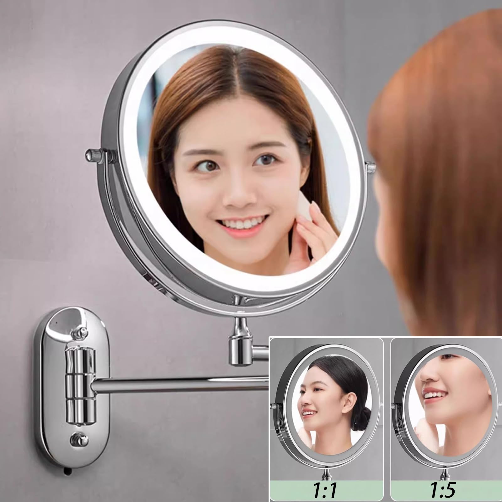 HJXGQJM Specchio Da Trucco Ricaricabile Illuminato Da Parete, Specchio Estensibile Da Bagno,Specchio Ingranditore 5x/1x,Rotazione A 360 Specchio Estensibile Per Bagno, Hotel