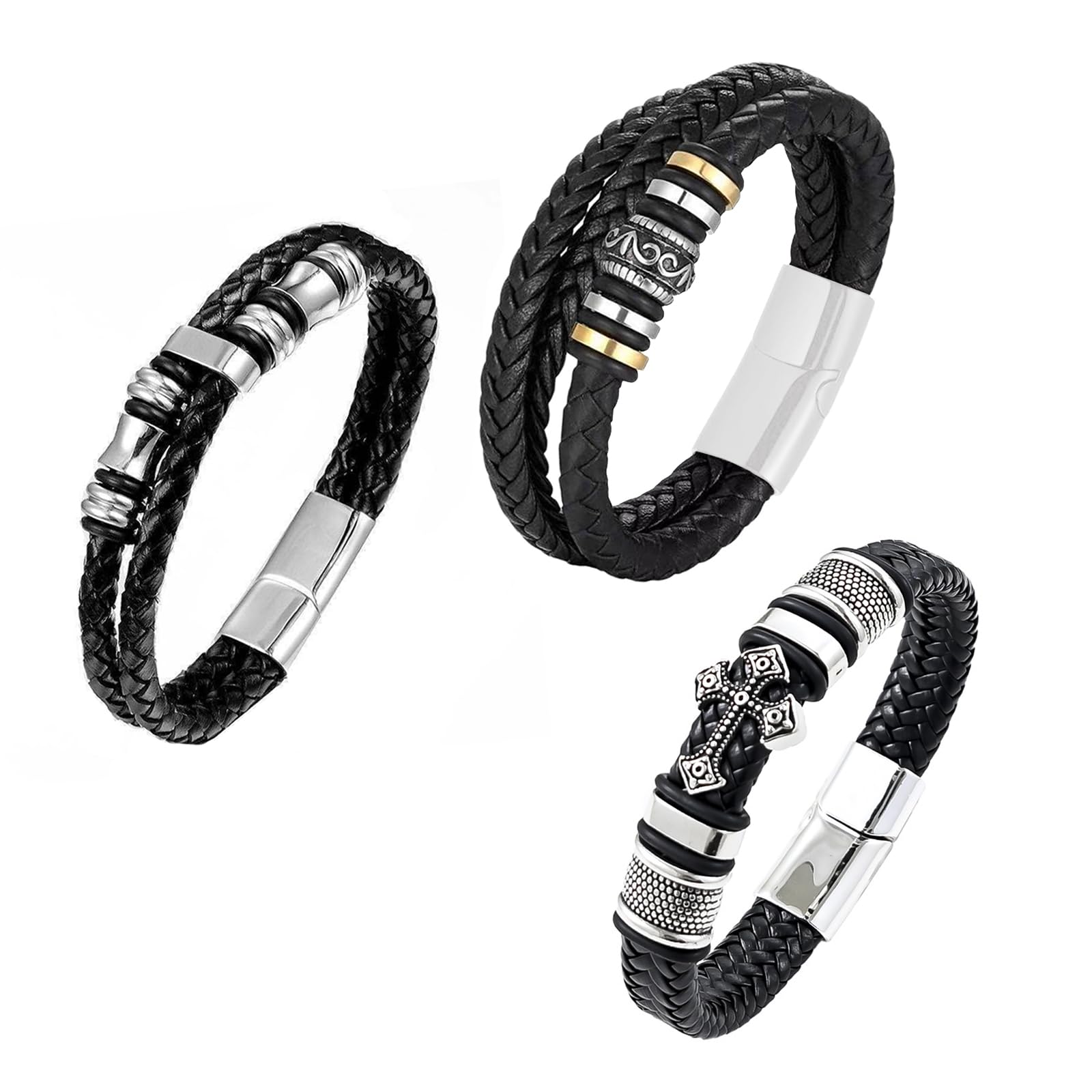 pclapora 3 Piezas Pulsera Hombre, Pulsera Cuero Hombre, Brazalete Hombres de Cuero Trenzado, Pulseira Homem para Negro para Padres, Abuelo, Navidad, San Valentin Día del Padre