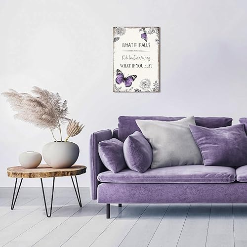 Miniatura 7 de YPY Lienzo con cita inspiradora para la pared póster enmarcado motivacional con diseño de mariposa morada, letrero con texto en inglés "What if I
