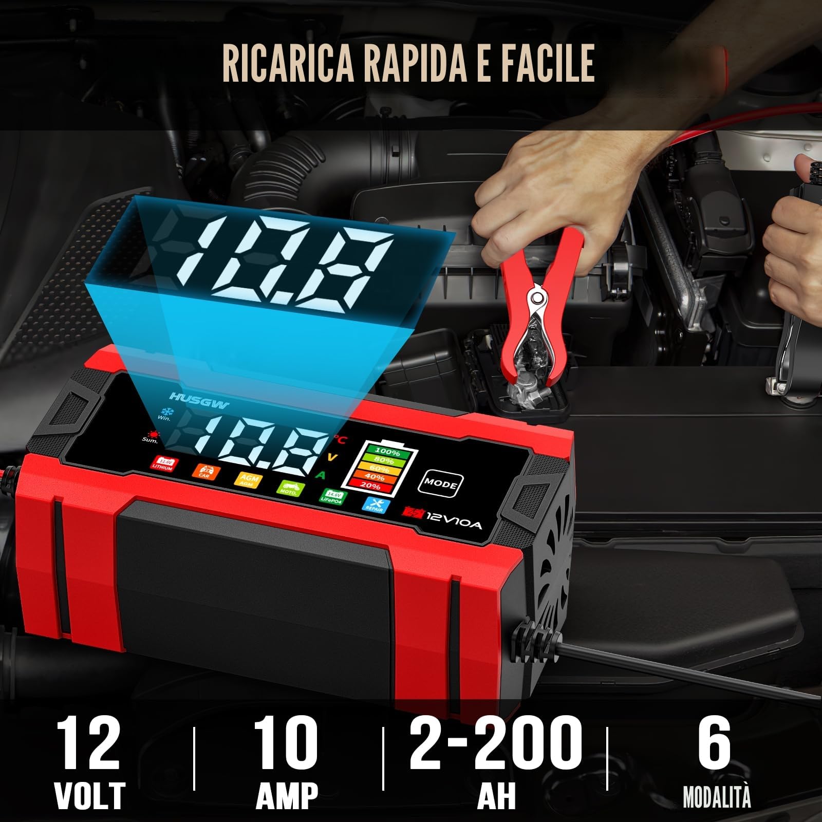 Caricabatterie LiFePO4 12V 10A per Auto Moto AGM GEL Wet SLA Rosso