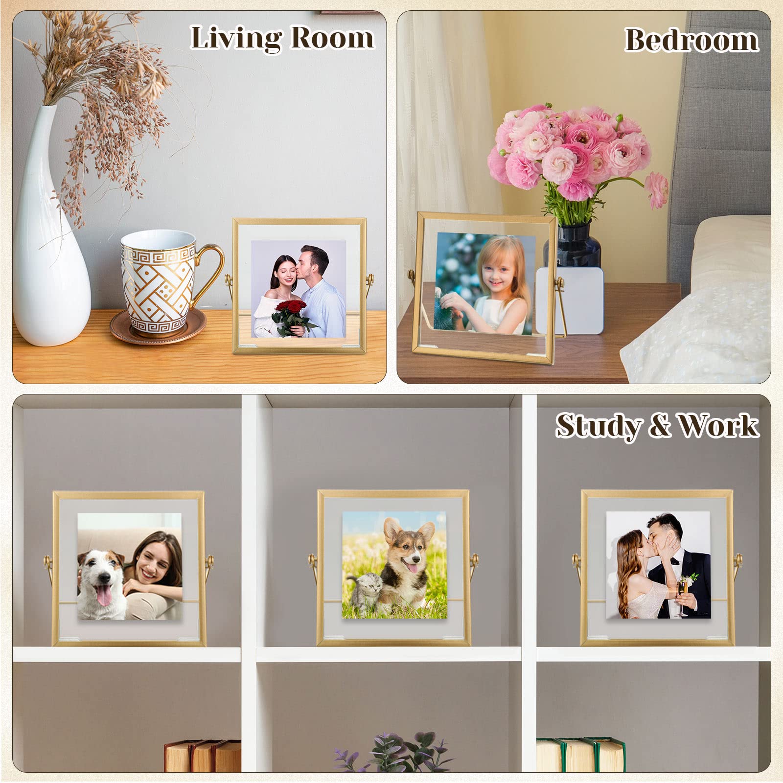 Hoteam 16 Pieces Vertical Glass Photo Frames Vintage Metal Frame Collection Pressed Flowers Picture Frames Antique Geometric Photo Display for Art Desk Tabletop Decorations,4 x 4 Inches(Gold)