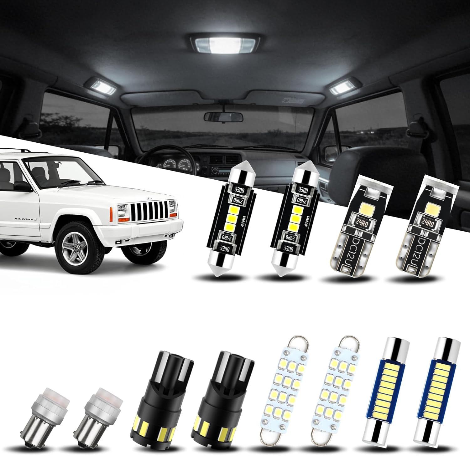 EASY EAGLE LED Interior Car Lights for Cherokee-XJ-1997-2001: 14 Piece Kit White LED Light Bulbs - Super Bright 6000K + Install Tool